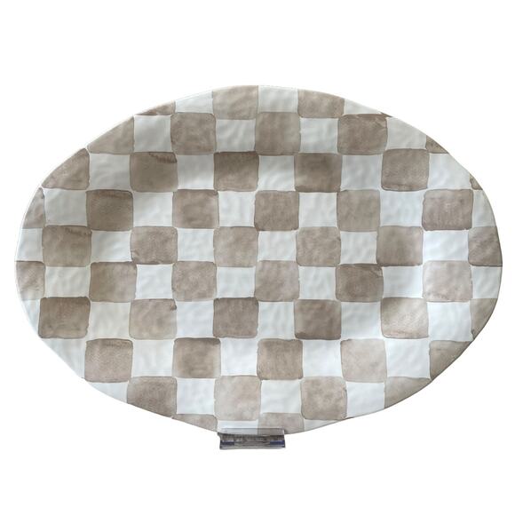 Chic Taupe & White Checkered Melamine Large Serving Platter 13X18 Oval NEW - Picture 9 of 9